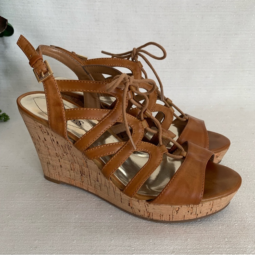 GUESS Elsiee Caramel Strappy Lace-up Wedge Heel Sandals Woman’s 7.5M